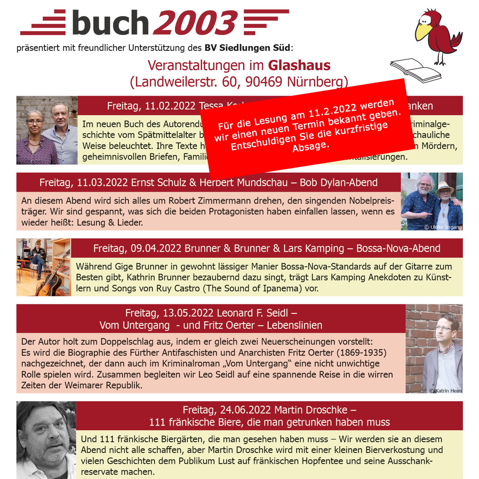 Veranstaltungsreihe buch 2003 präsentiert mit freundlicher unterstützung des BV Siedlungen Süd